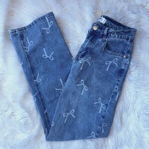 [ Bamboo ] Kawaii Bow Ribbon Print Jeans High Waist Straight Leg